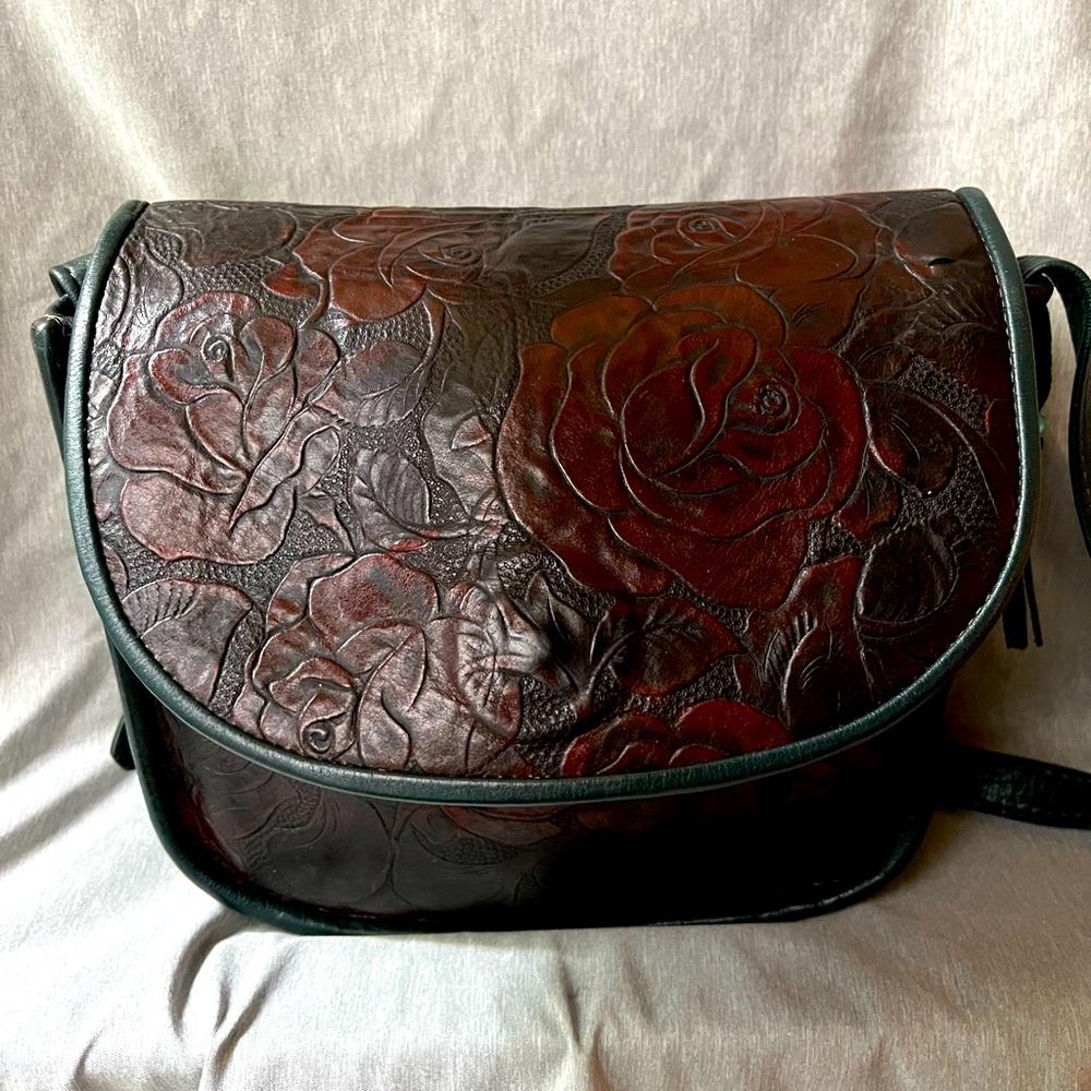 One of a Kind Handmade Rose Printed Leather Handbag Green and Red